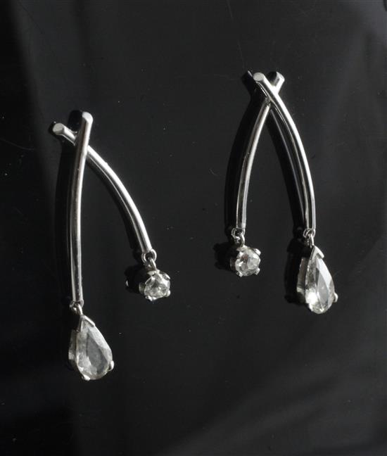 A pair of white gold? and diamond double drop earrings, 30mm.